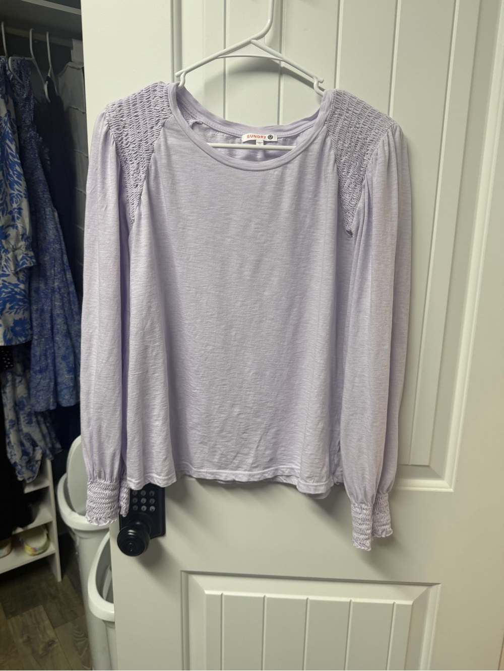 Sundry Lavender Smocked-Shoulder Long Sleeve Tee